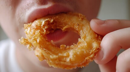Close-up of Person Eating Crispy Golden Onion Ring in Hand