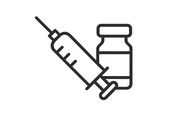 Vaccine and syringe icon. Linear vector illustration for vaccination and immunization. Medical concept for flu shot or covid-19 jab. Medicine vial, dose, injection, healthcare.