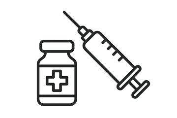 Vaccine and syringe icon. Vaccination, immunization concept. Medical injection for disease prevention. Flu shot, covid-19 vaccine vial and needle. Healthcare, medicine symbol.