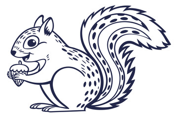 Cheerful Squirrel with Acorn on White Background Simple Outline Cartoon