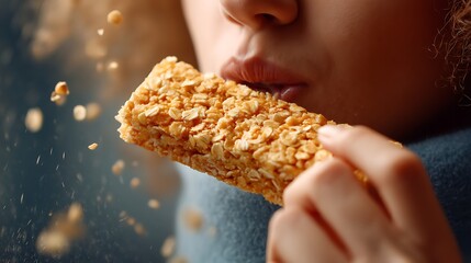 Close-up of Person Eating Crunchy Oat Bar with Focus on Lips and Snack