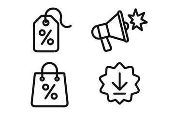 Shopping and E-commerce icon set. Linear style vector illustration. Sale, discount price tag, promotion announcement with megaphone, shopping bag and download offer badge.