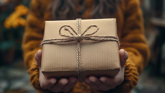 Close up of hands holding a gift wrapped in brown paper and twine.