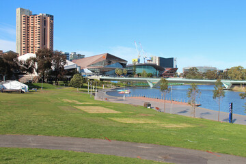 old and modern buildings and elder park in adelaide in australia 
