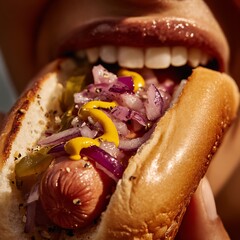 Close-up of Person Eating Hot Dog with Mustard and Pickles in Soft Bun