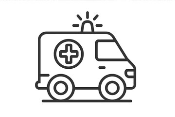 Ambulance icon medical emergency vehicle. Line art symbol for first aid and healthcare. Hospital transport van with siren and cross. Paramedic rescue service vector graphic.