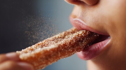 Close-up of Person Eating Sugar-coated Pastry with Focus on Lips and Snack