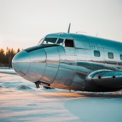 Obraz premium Vintage Silver Airplane Frozen in Winter Landscape Nostalgic Aviation Image