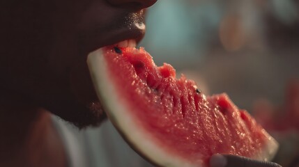 Close-up of Person Eating Watermelon Fresh Juicy Summer Snack
