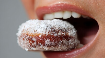 Close-up of Person Licking Sugar-coated Donut Showing Mouth and Teeth