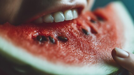 Close-up of Person's Mouth Showing Bloodied and Swollen Lips with Black Seeds in Watermelon