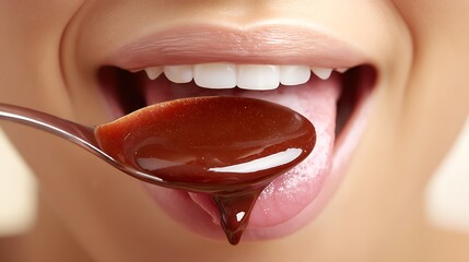 Close-up of Person's Mouth with Tongue Licking Chocolate on Spoon in High-resolution Image