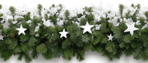 Evergreen garland decorated with white stars and snow creating a festive winter scene for the holiday season