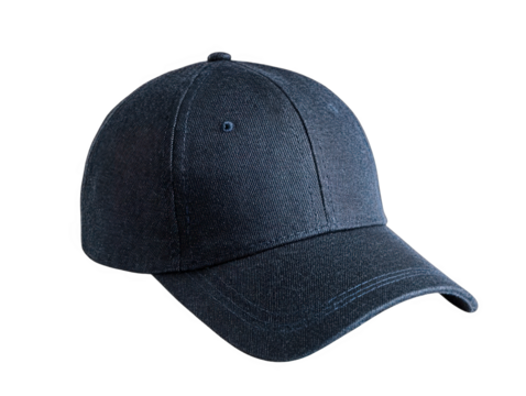 A dark blue denim baseball cap isolated on a transparent background, showcasing its textured fabric and classic design, perfect for casual wear and outdoor activities