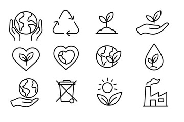 Ecology and environment line icon set. Recycle, sustainability, green energy. Earth day, planet care, nature conservation symbols. Eco friendly vector illustration collection.