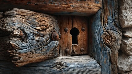 Close-up of Rustic Wooden Structure with Keyhole and Iron Bolts