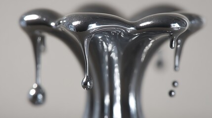 Close-up of Shiny Metallic Liquid Droplets Dripping From a Silver Faucet