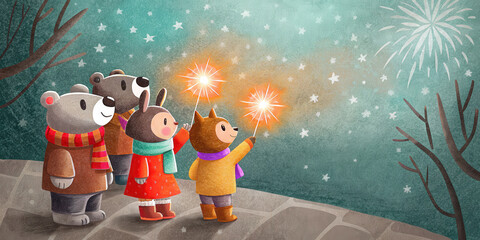 Christmas holiday lifestyle scene with cute animals holding sparklers under starry sky celebrating festive winter season