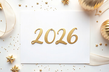 Golden Script 2026 on White Card with Festive Holiday Decorations
