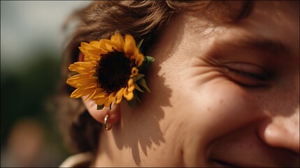 Close-up of Smiling Woman Wearing Sunflower in Hair in Natural Light Outdoor