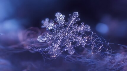 Close-up of Transparent Blue Snowflake on Dark Background with Soft Lighting