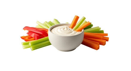 Isolated platter of crudités with dip vegetables carrots celery bell peppers appetizer healthy...
