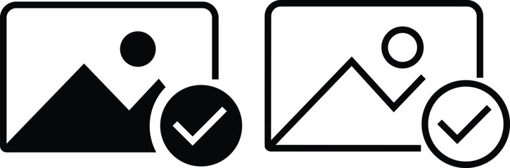 Gallery edit icon set in flat and outline styles. Photo approve image vectors illustration. Picture editing symbol graphic design for media interface and mobile app isolated on transparent background.
