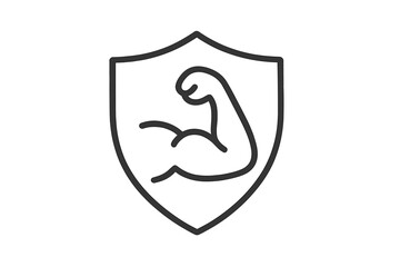Strong arm muscle shield icon, minimalistic thin outline biceps symbol, fitness strength protection emblem for web, apps, banners, social media, vector cartoon illustration