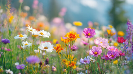 Vibrant and Beautiful Summer Meadow Filled with Colorful Assortment of Wildflowers, Including Pink Cosmos, Yellow Coreopsis, Set Against a Soft, Dreamy Background of Blue Sky and Mountainous Landscape