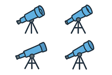 Simple linear filled color icon of blue telescope on tripod stand for astronomy, stargazing, space observation, minimalistic design, web, apps, banners, social media, cartoon vector graphic