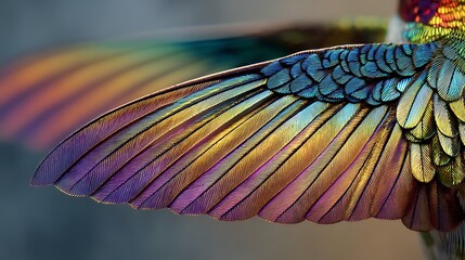 Close-up of Vibrant Iridescent Bird Wing with Colorful Feather Details
