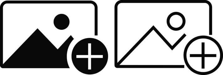 Gallery edit icon set in flat and outline styles. Photo add image vectors illustration. Picture editing symbol graphic design for media interface and mobile app isolated on transparent background.