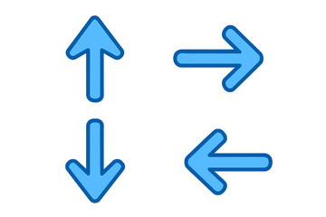 Vector arrow icon set. Up, down, left, right direction signs. Blue navigation button collection for website, app, UI design. Pointer symbol pack. Simple flat graphic element.
