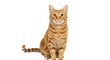 Isolated orange tabby cat sitting looking at the camera in studio with direct eye contact