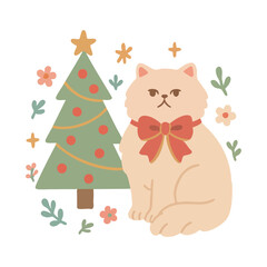Fototapeta premium Fluffy White Cat Sitting Next to Decorated Christmas Tree - Elegant Pet