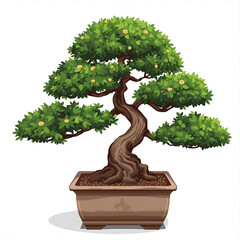 Fototapeta premium Artistically shaped bonsai tree with lush green leaves in a rectangular pot, symbolizing tranquility and nature's beauty.