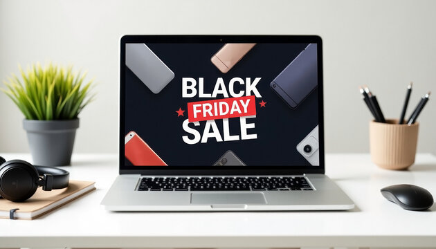 black friday sale laptop. Open laptop on desk displays bold Black Friday Sale sign with gadgets around. Seasonal ecommerce promotion emphasizes shopping discount and retail marketing..