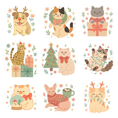 Obraz premium Adorable Flat Design Christmas Animals Collection: Cats and Dogs in Festive Holiday Costumes