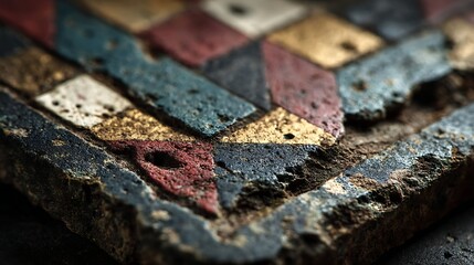 Close-up of Vintage Colored Wooden Chess Pieces with Worn Texture on Dark Background
