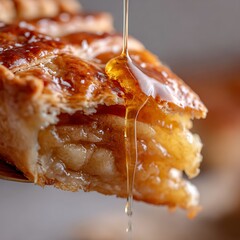Close-up of Warm Apple Pie with Golden Caramel Glaze Dripping From the Crust in a Cozy Setting