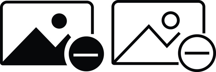 Gallery edit icon set in flat and outline styles. Photo remove image vectors illustration. Picture editing symbol graphic design for media interface and mobile app isolated on transparent background.
