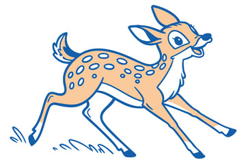 Cute Cartoon Fawn Running with Blue Outline Isolated on White Background