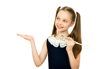 Cute smiling little girl with with sushi on  white background.
