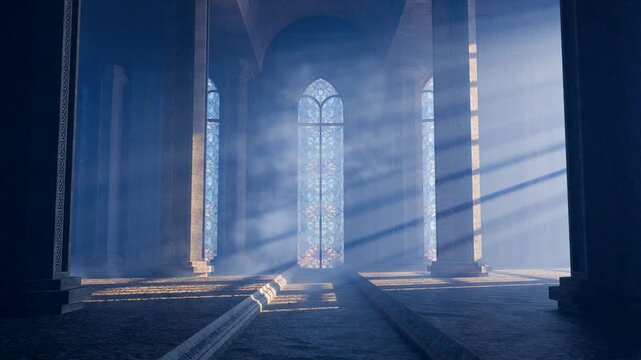 Sunbeams illuminating majestic cathedral interior through stained glass window