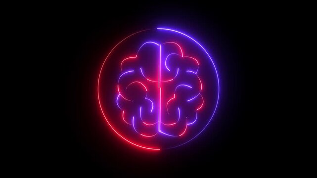 Animation of glowing neon Human Brain icon. Neon brain icon animation. Abstract circuit brain animation. Glowing Complicated Brain. Brain work icon looped animation 4k.