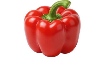 Isolated glossy red bell pepper with green stem on a solid color, sweet colorful vegetable