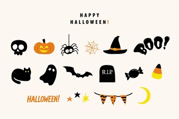 Cute and fun hand-drawn Halloween stickers in orange, black, and white.