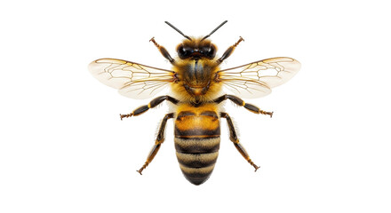 Isolated honeybee detailed insect close-up in full view showing wings, legs, and body anatomy