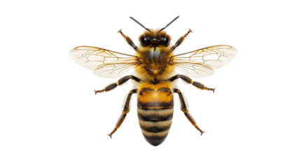 Isolated honeybee detailed insect close-up in full view showing wings, legs, and body anatomy