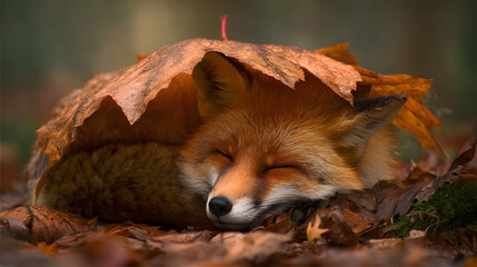 Sleeping fox nestled in autumn leaves